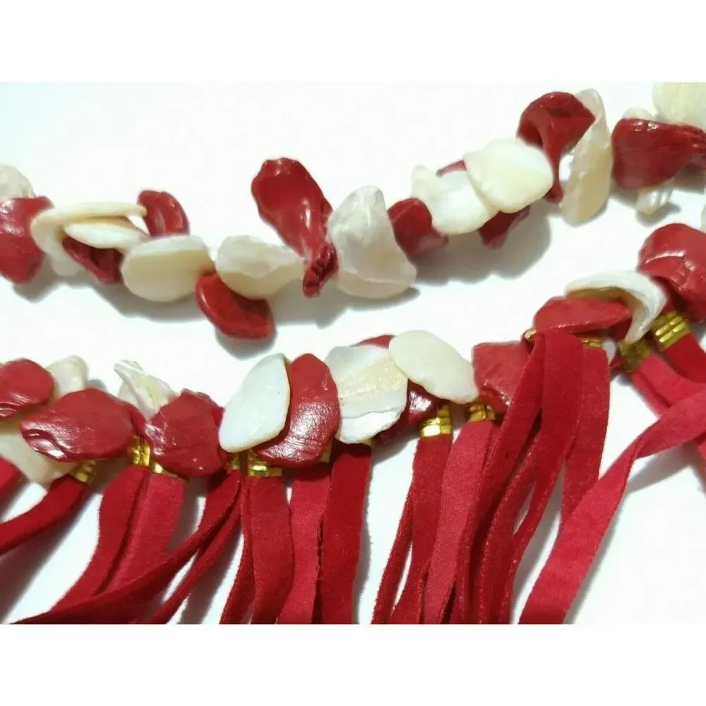Mia Necklace Red Suede Fringe &‎ Shell Statement Bib Adjustable Gold Tone Detail